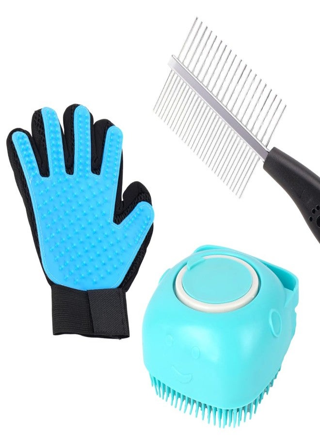 REGIIS Pet Grooming Set with Silicone Brush Glove and Massaging Brush, Blue and Black, Professional Dog and Cat Hair Removal Tool(PACK OF 3) - Image 1